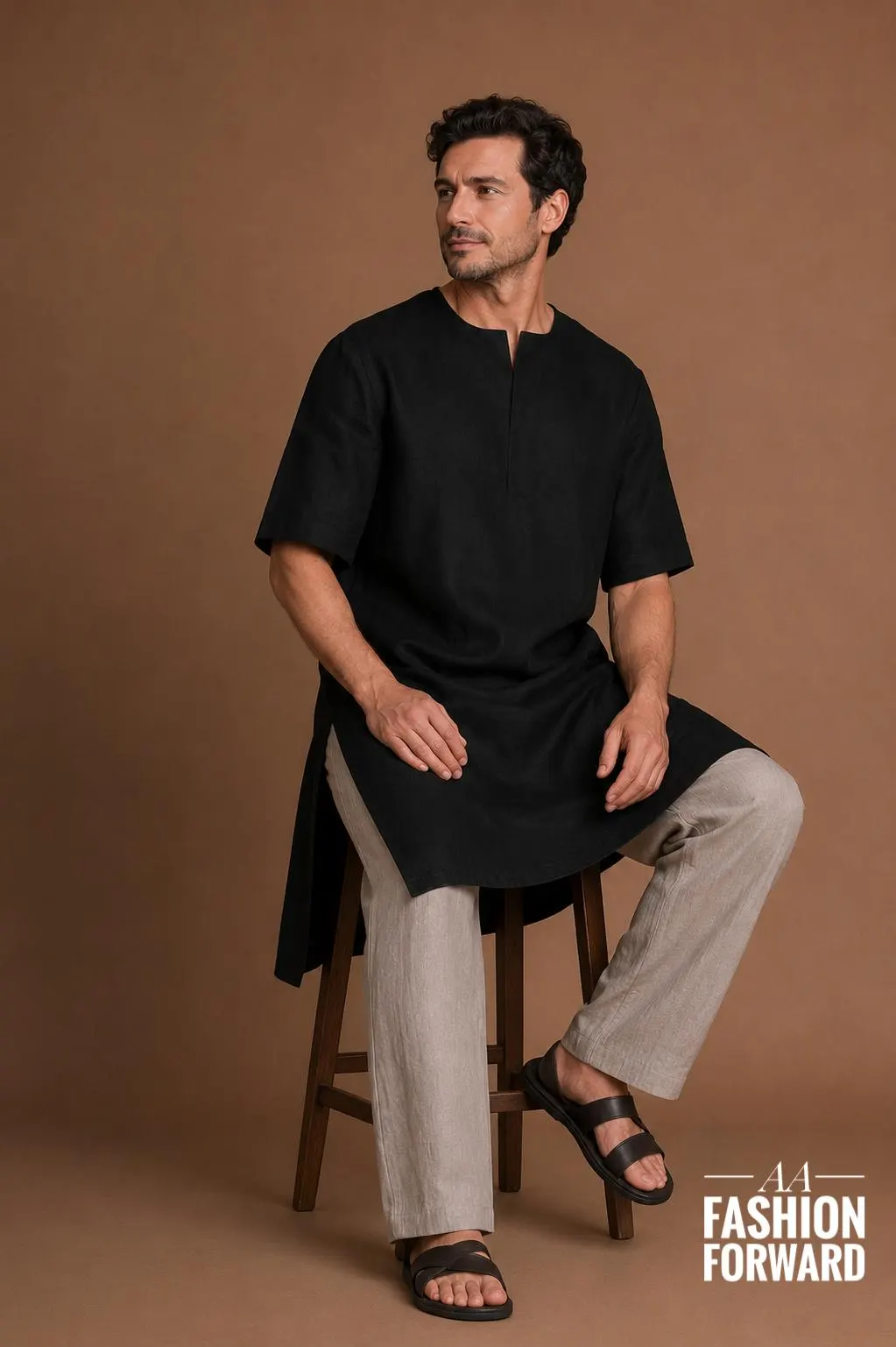 Men’s Black Linen Kurta Set | Minimalist Kaftan Tunic with relaxed pants - image 3