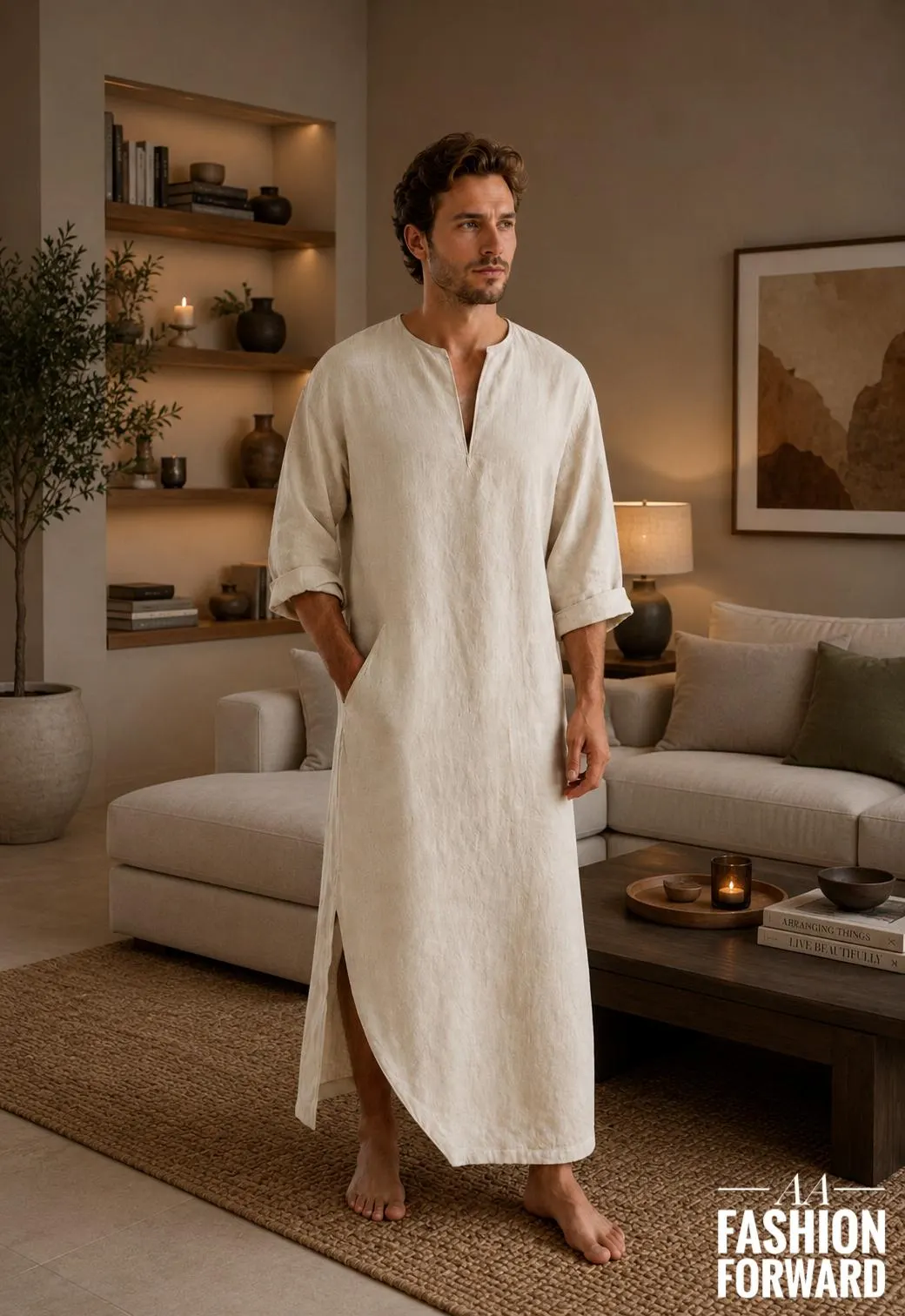 Men's Beige Islamic Linen Kaftan Robe | Boho Loungewear | Summer Jubba