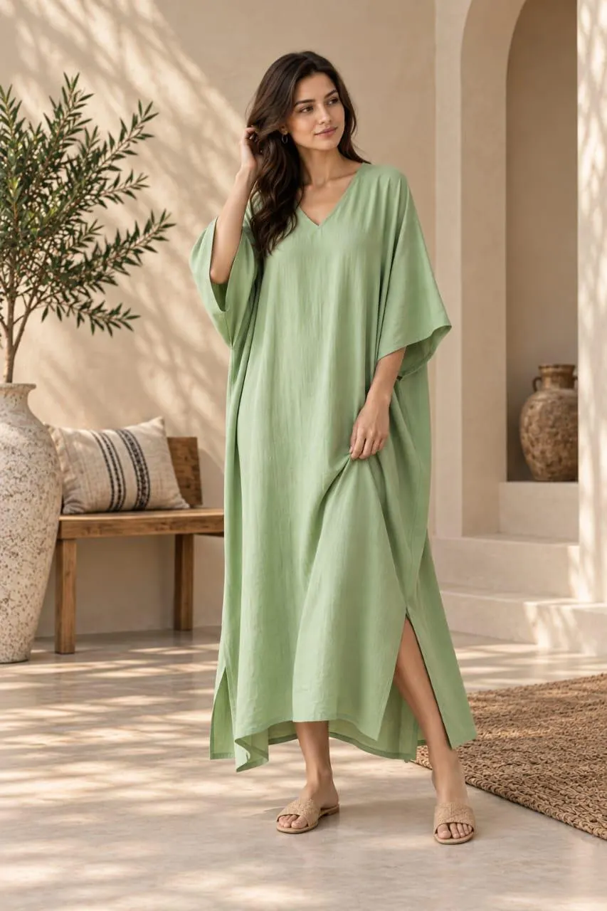 Pastel Green Handmade Plus Size Boho Dress -  Relaxed V Neck Maxi - Spring Breathable Kaftan