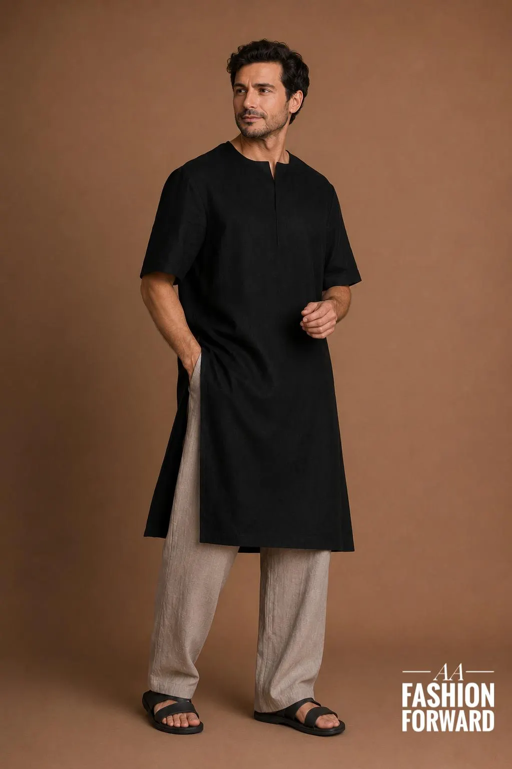 Men’s Black Linen Kurta Set | Minimalist Kaftan Tunic with relaxed pants - image 5