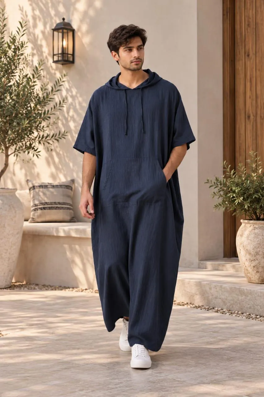Men's Navy Blue Linen Hooded kaftan Robe | Comfortable Caftan, Relaxed Boho Long Tunic