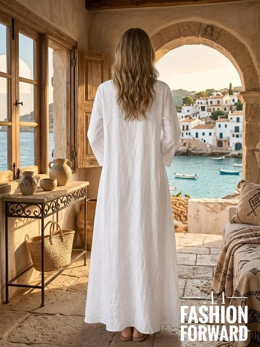 White Linen Maxi Kaftan Dress | Oversized Boho Resort Wear Summer Style - image 5