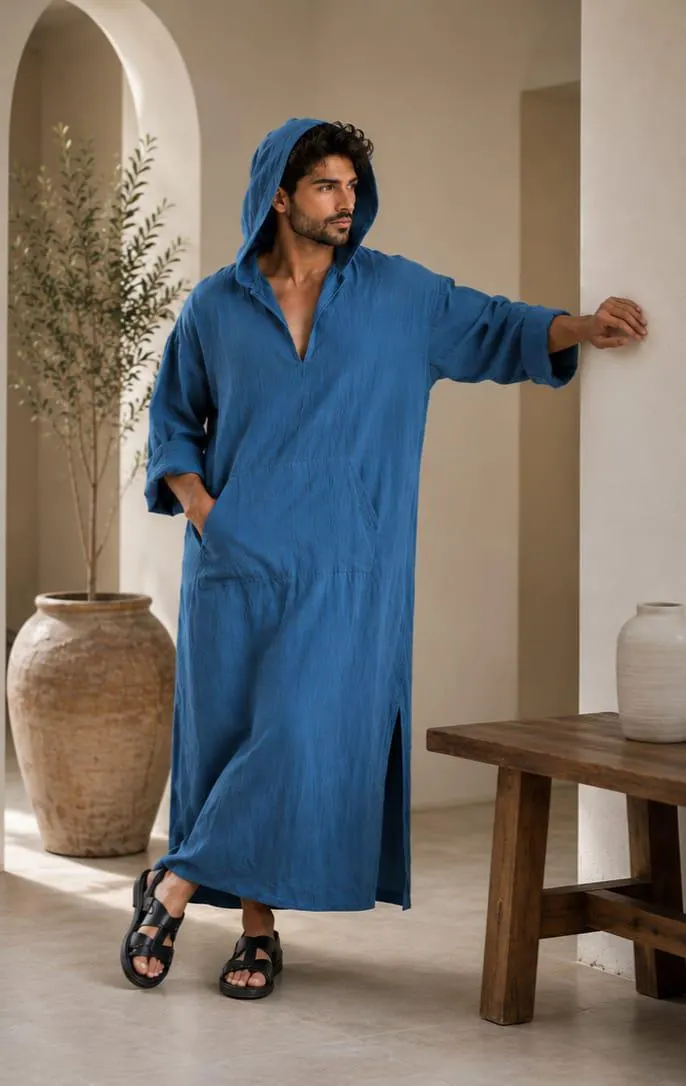 Men's Linen Hooded kaftan Robe | Long Hooded Kurta | Muslim Jubba