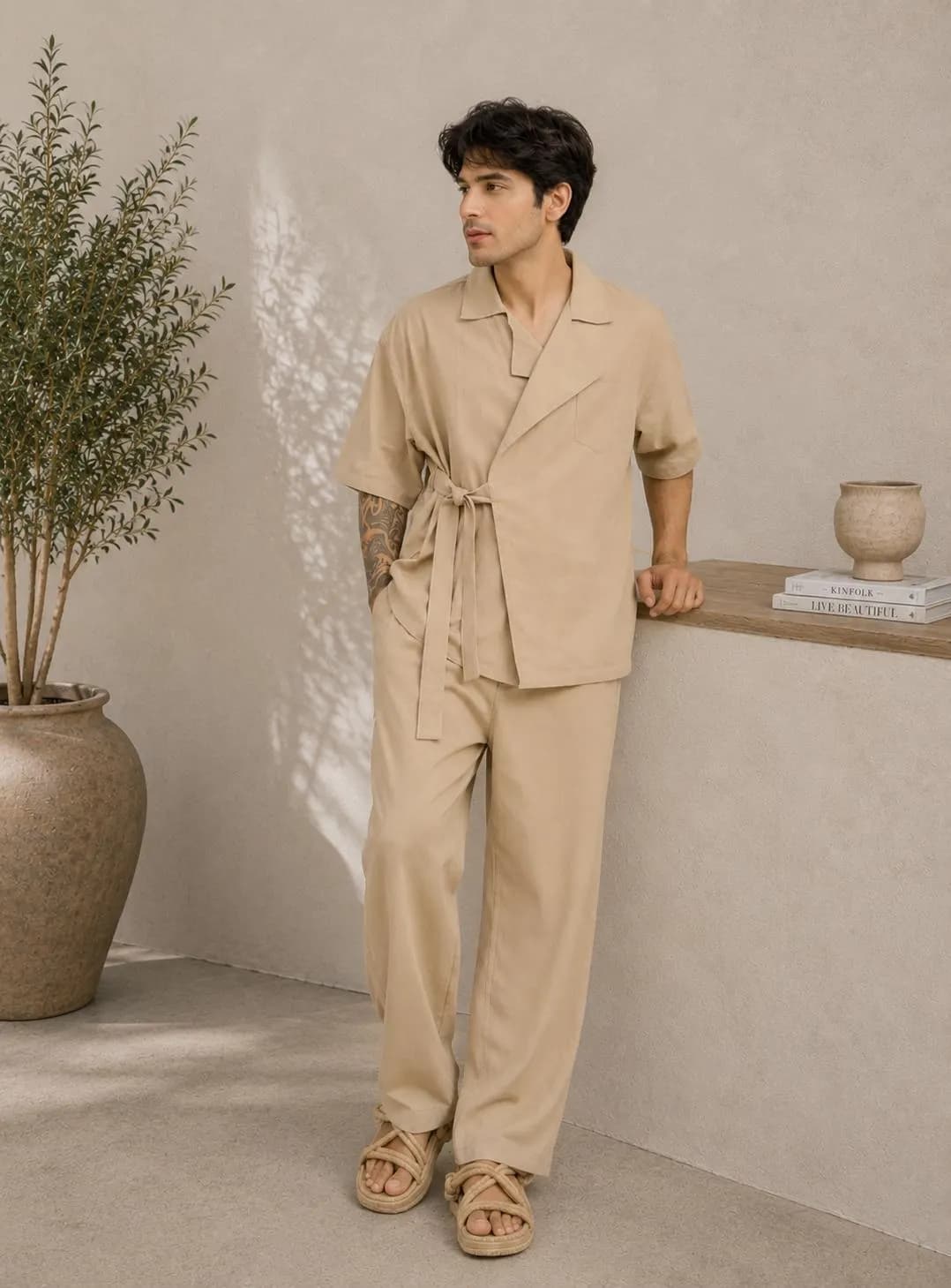 Men's Beige Cotton Linen Lounge Set, Wrap Top, Wide Leg Pants, Resort Wear