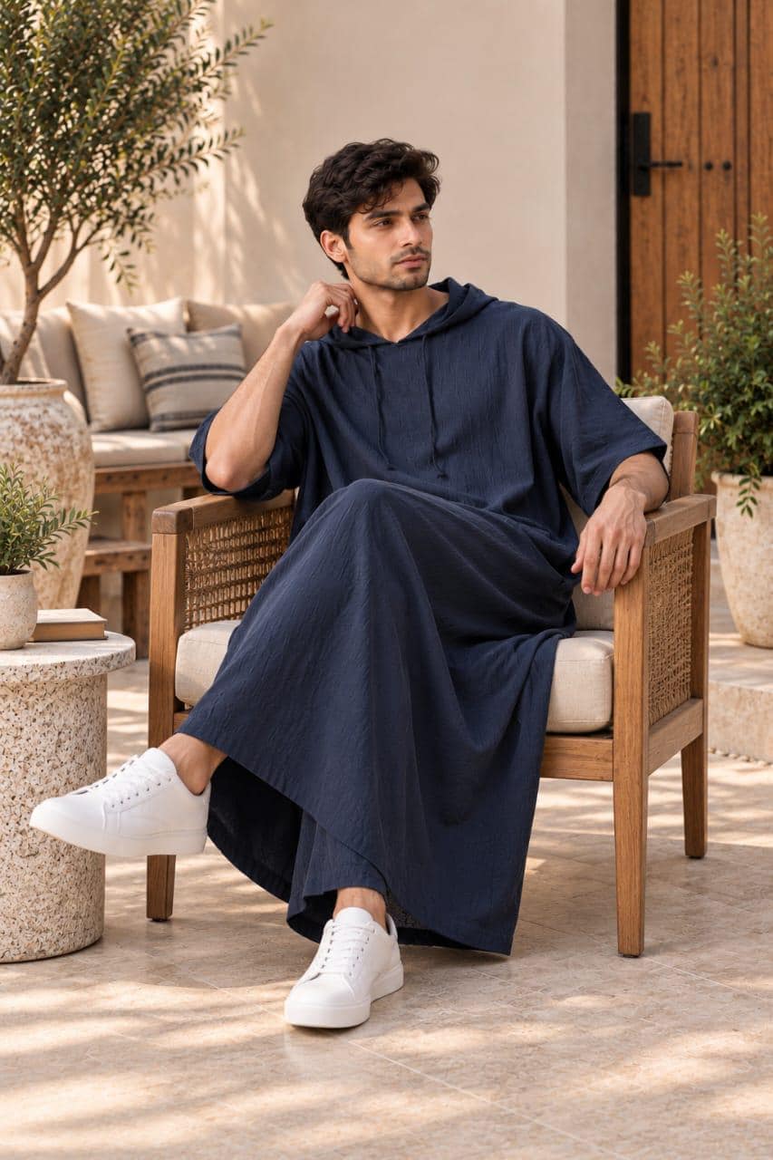 Men's Navy Blue Linen Hooded kaftan Robe | Comfortable Caftan, Relaxed Boho Long Tunic - image 5