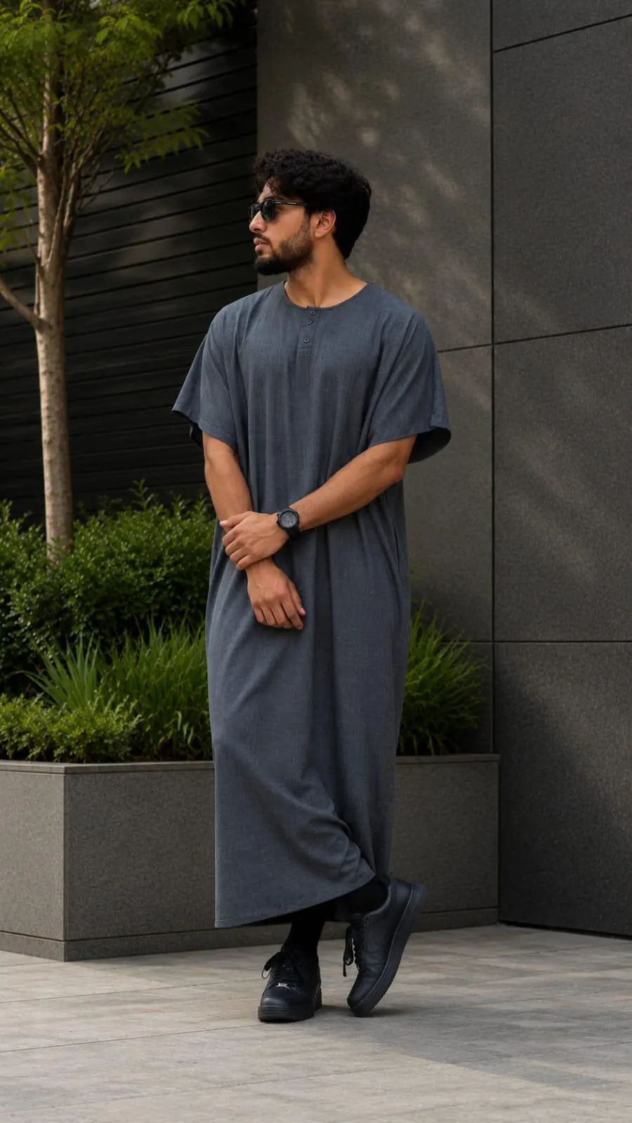 Men's Grey Linen Kaftan Tunic, Thobe Style Relaxed Summer Resort Wear