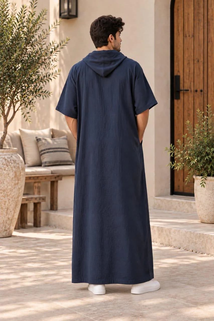 Men's Navy Blue Linen Hooded kaftan Robe | Comfortable Caftan, Relaxed Boho Long Tunic - image 4