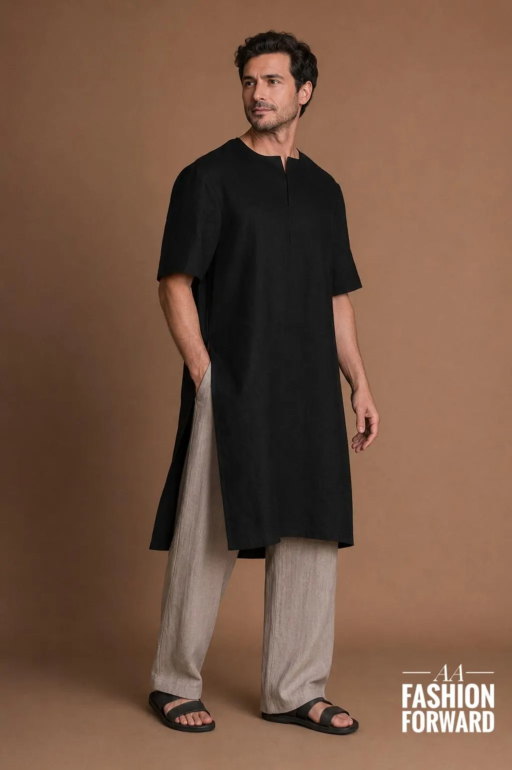 Men’s Black Linen Kurta Set | Minimalist Kaftan Tunic with relaxed pants