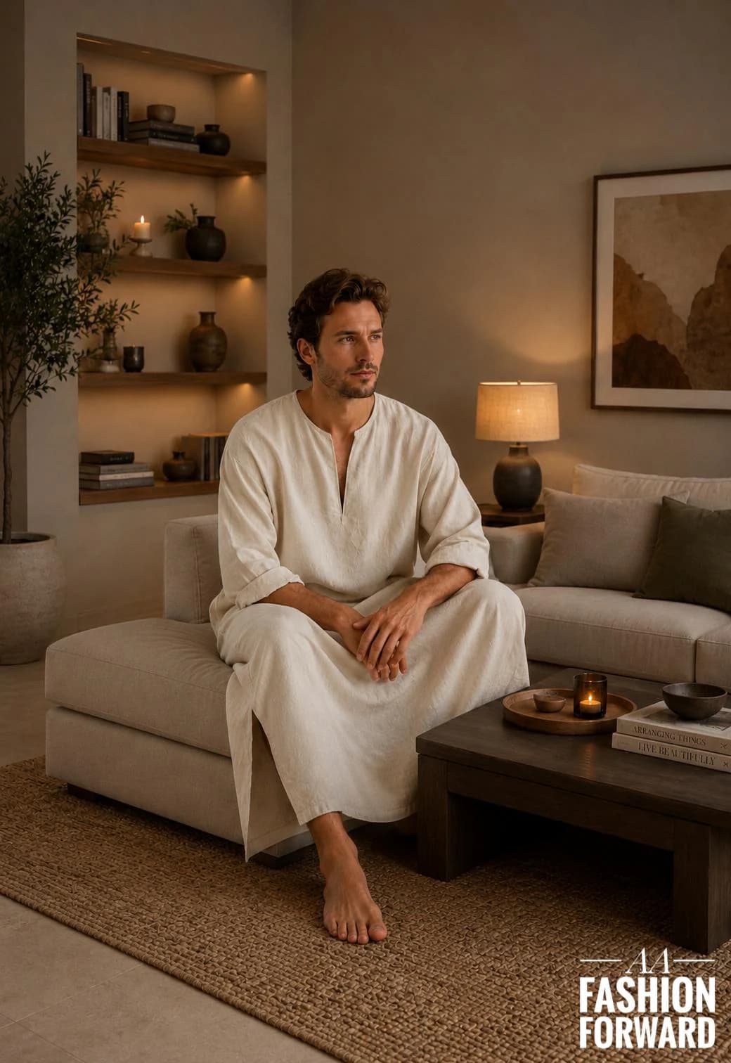 Men's Beige Islamic Linen Kaftan Robe | Boho Loungewear | Summer Jubba - image 3