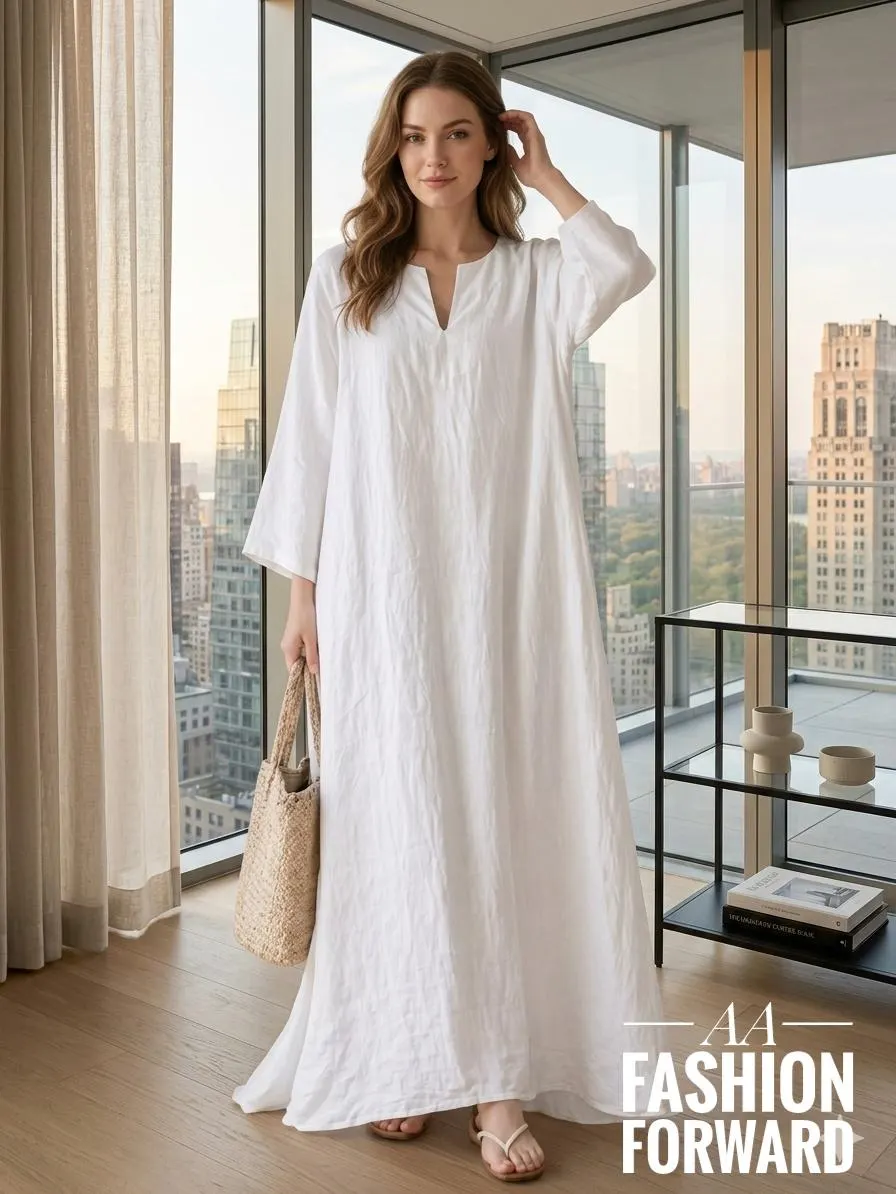 White Linen Maxi Kaftan Dress | Oversized Boho Resort Wear Summer Style