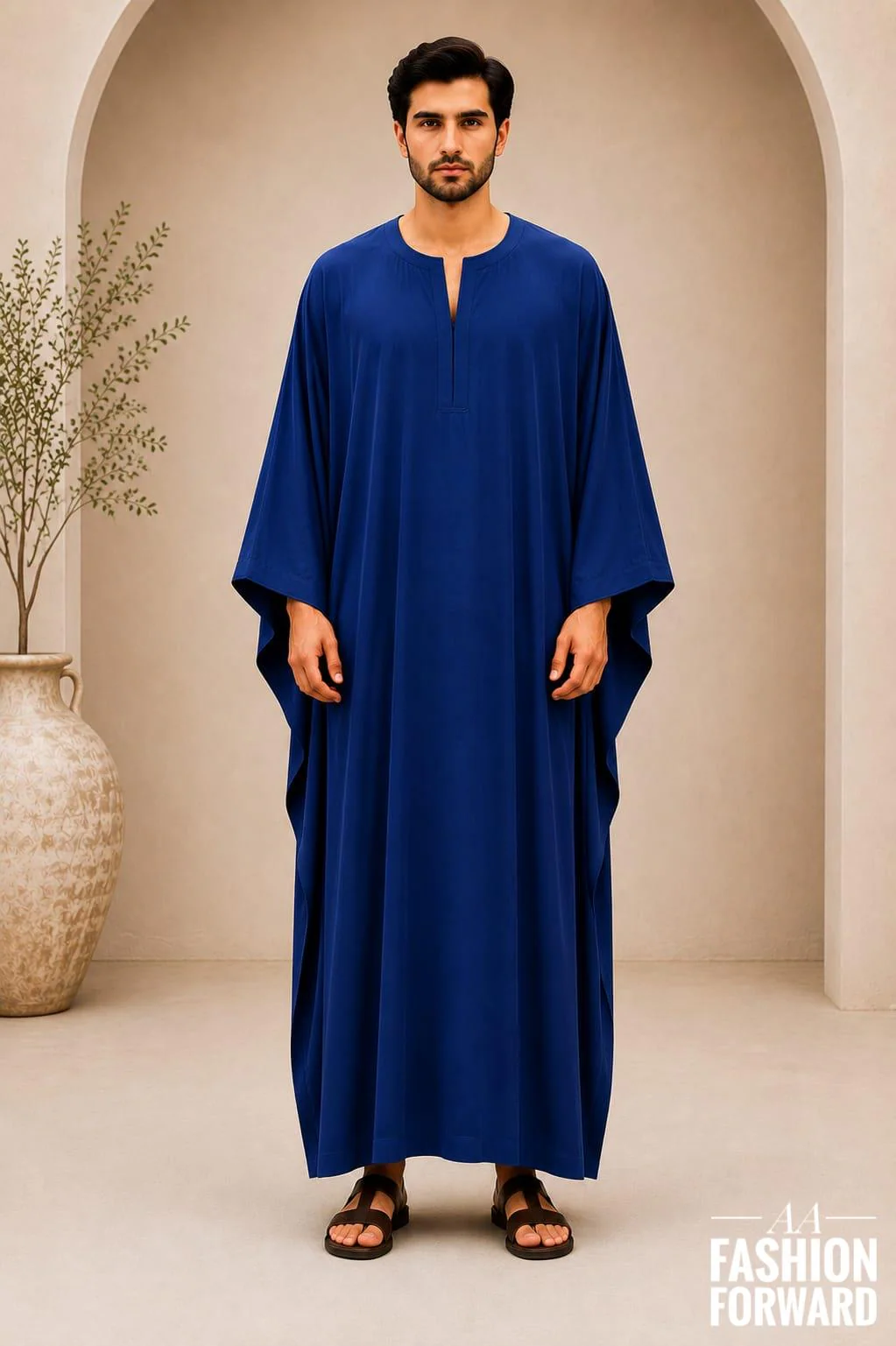 Men's Royal Blue Embroidered kaftan | Islamic Jubba Robe | Long sleeves summer tunic | Arab Caftan