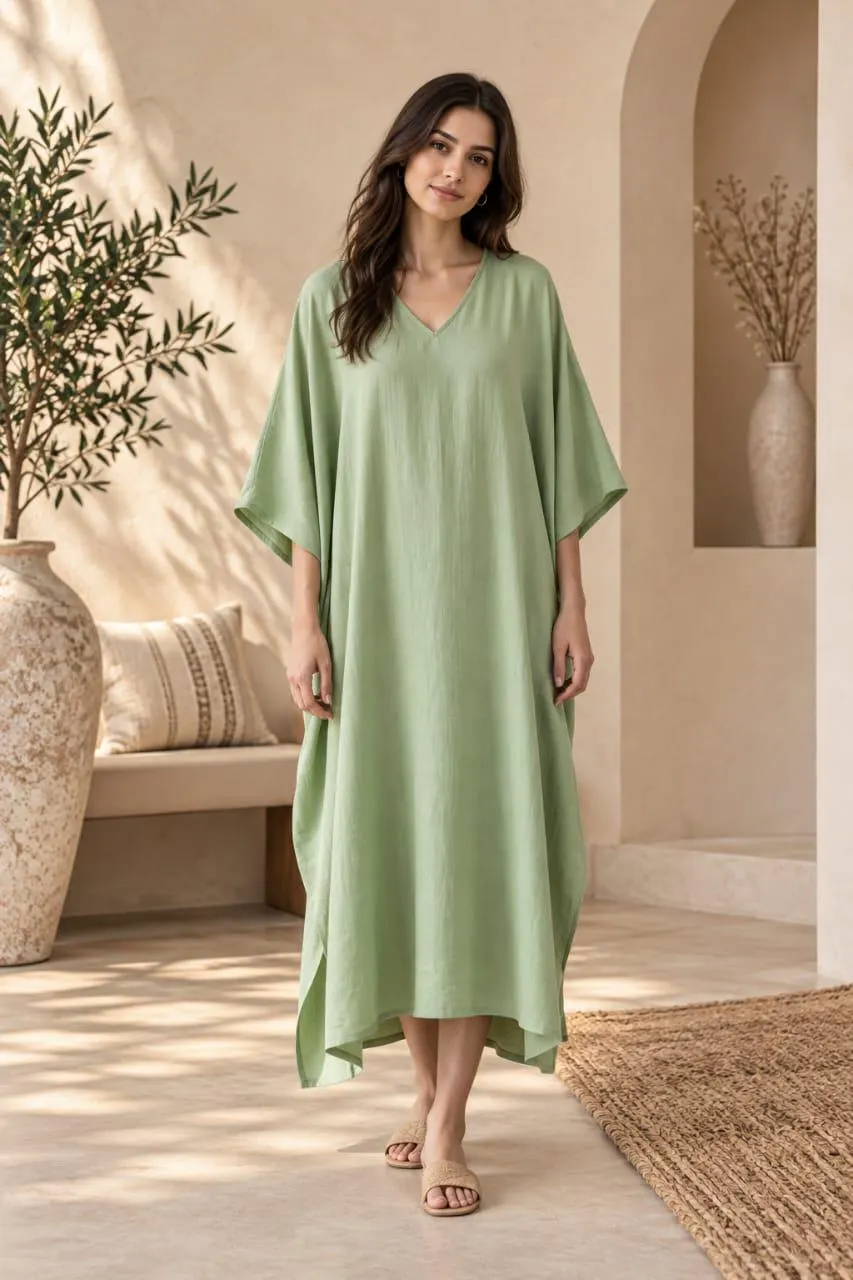 Pastel Green Handmade Plus Size Boho Dress -  Relaxed V Neck Maxi - Spring Breathable Kaftan - image 3