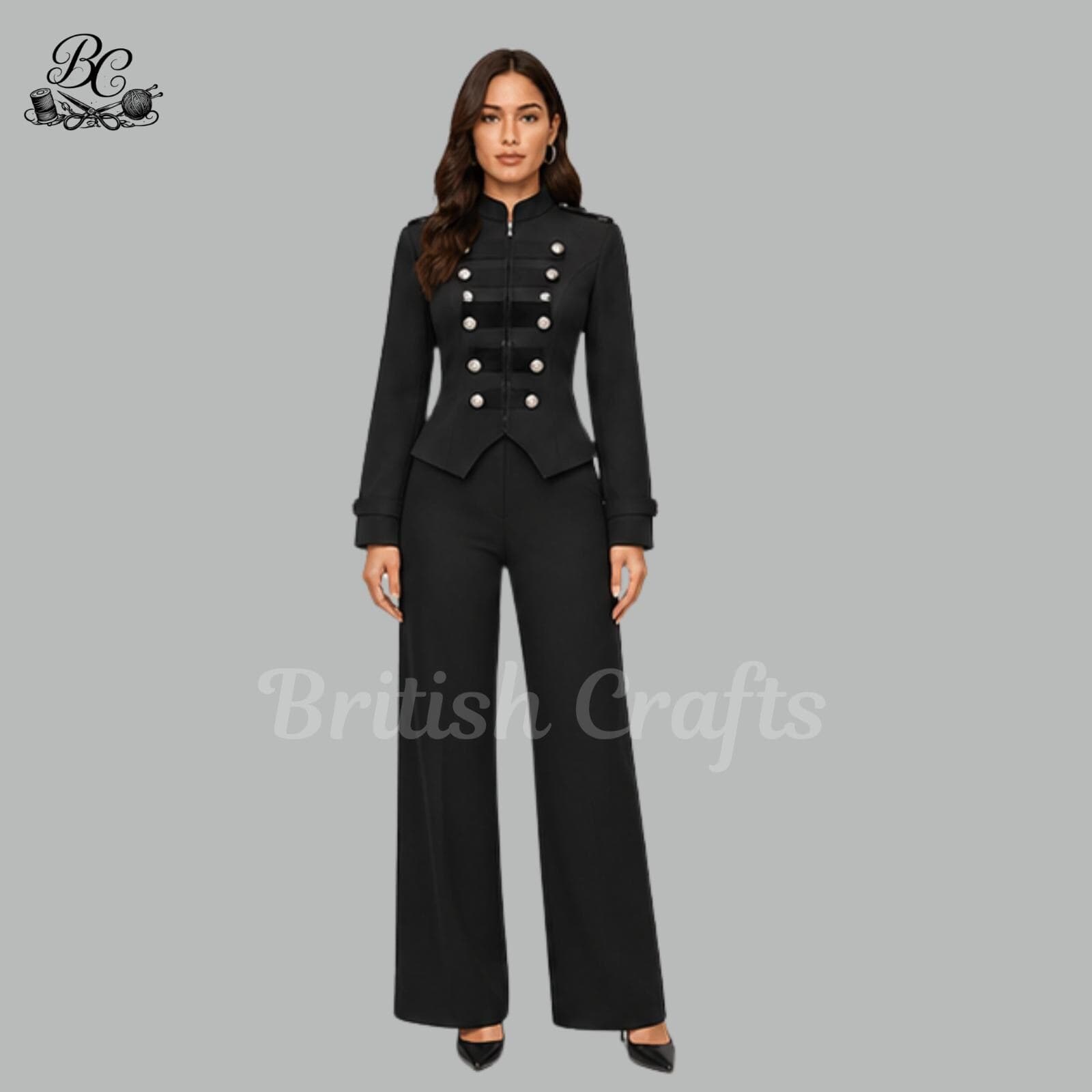 Womens Black Military Jumpsuit Formal Wide Leg Jumpsuit Double Breasted Button Front Elegant Structured Outfit