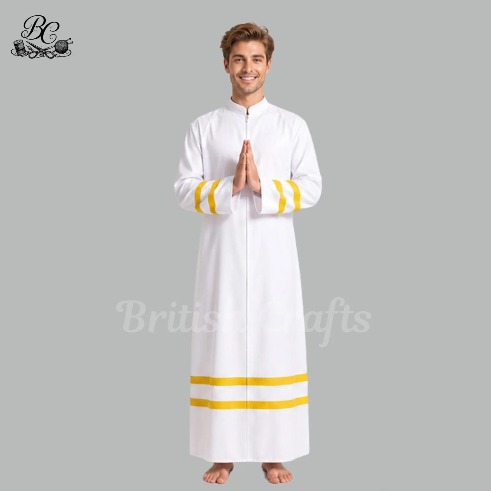 Mens White Clergy Cassock Robe with Gold Trim, Full Length Church Cassock for Men, Priest Choir Robe, Religious Ceremony Outfit