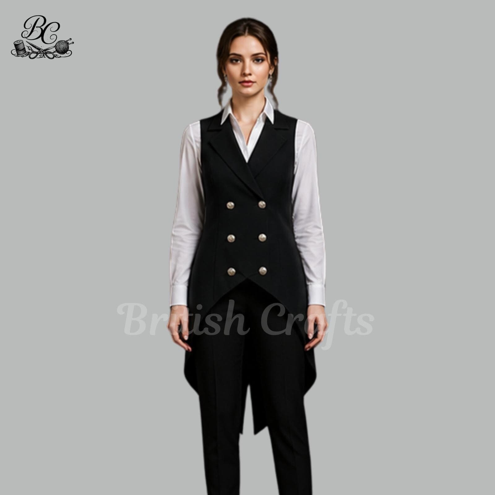 Womens Black Victorian Gothic Tailcoat Vest Suit, Elegant Double Breasted Formal Waistcoat Set, Aristocratic Gothic Office Outfit