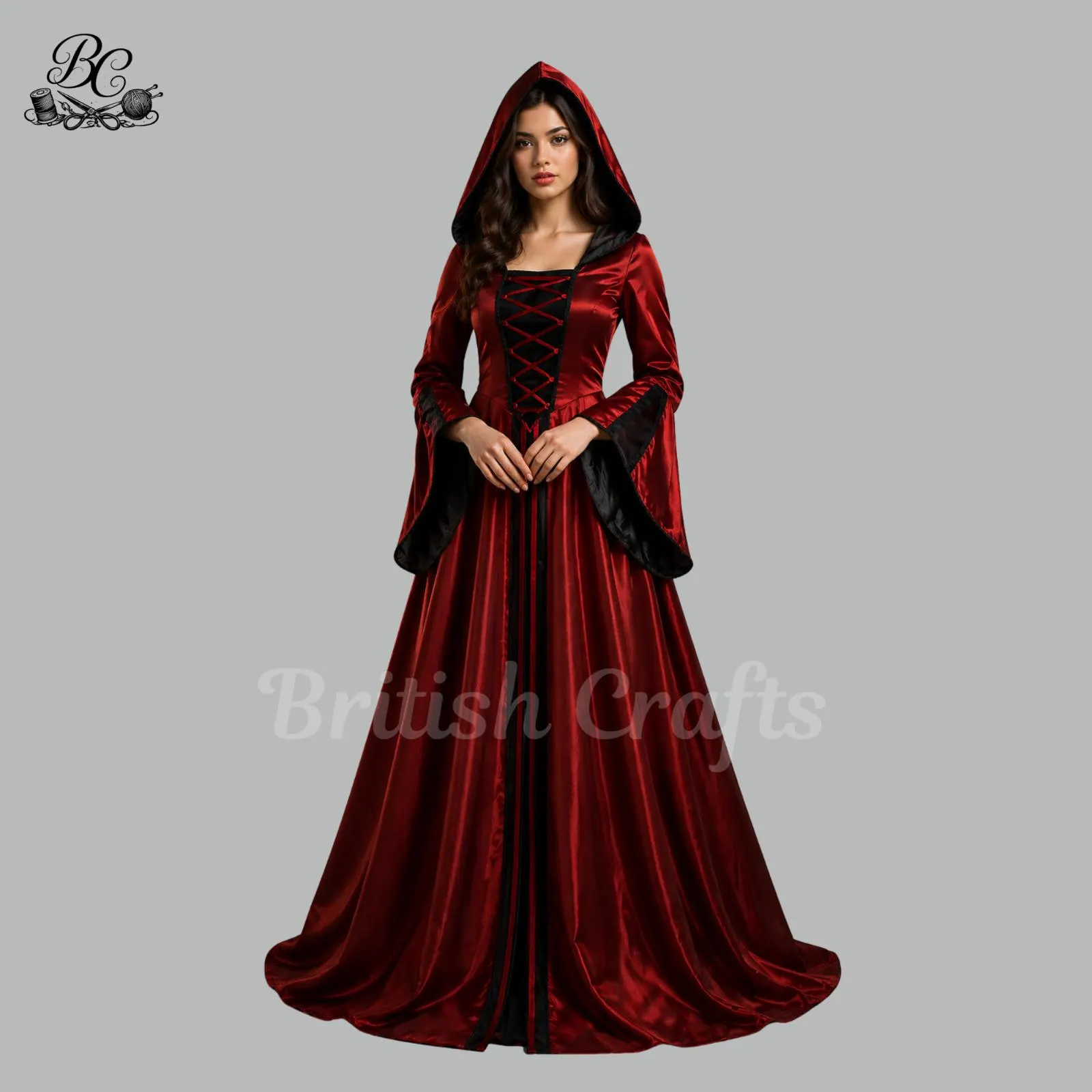 Womens Red Hooded Gothic Dress Medieval Gown Renaissance Cosplay Dress Long Sleeve Witch Cloak Halloween Costume Maxi Dress