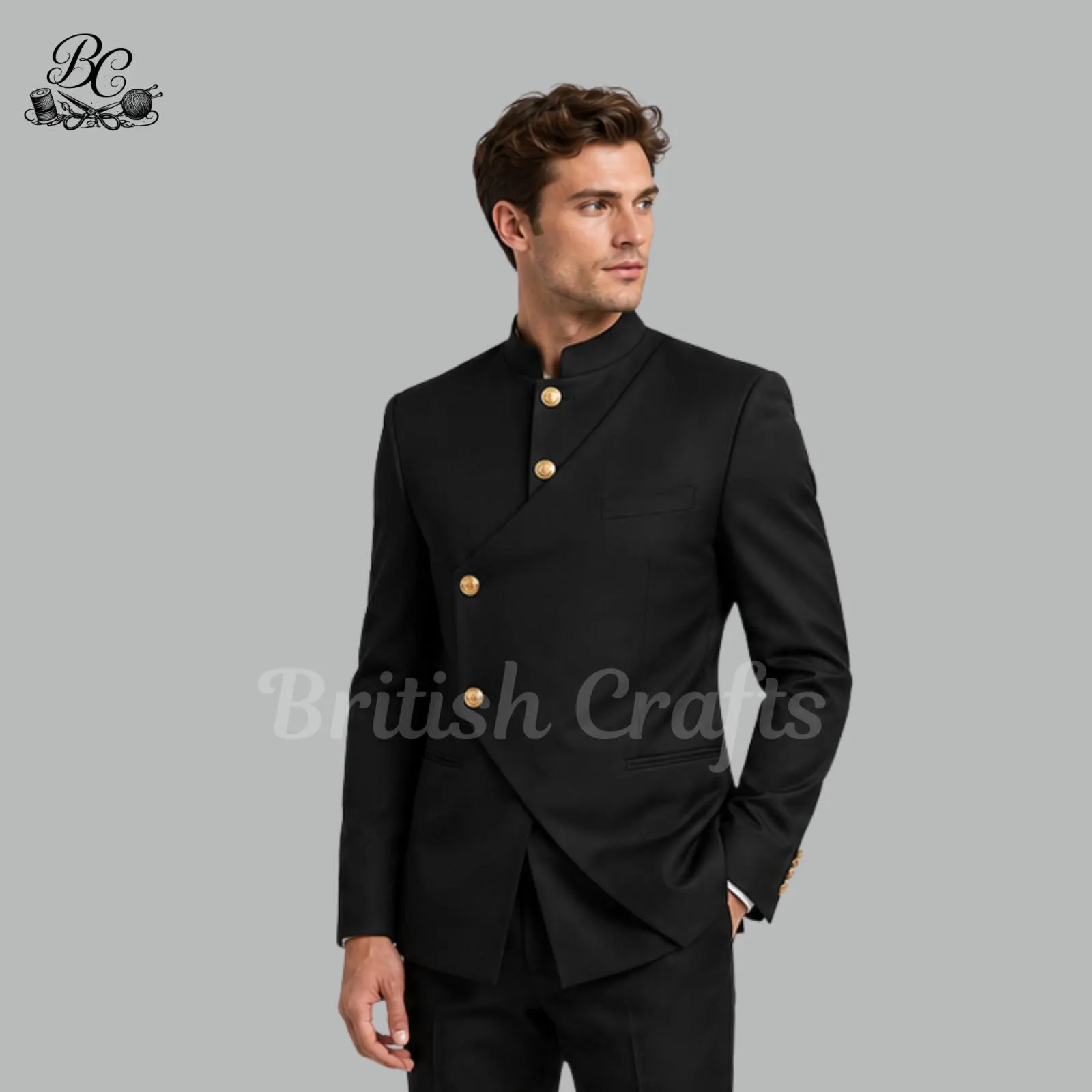 Men's Black Bandhgala Suit, Military Style, Double Breasted Gold Buttons, Formal Reception Wear