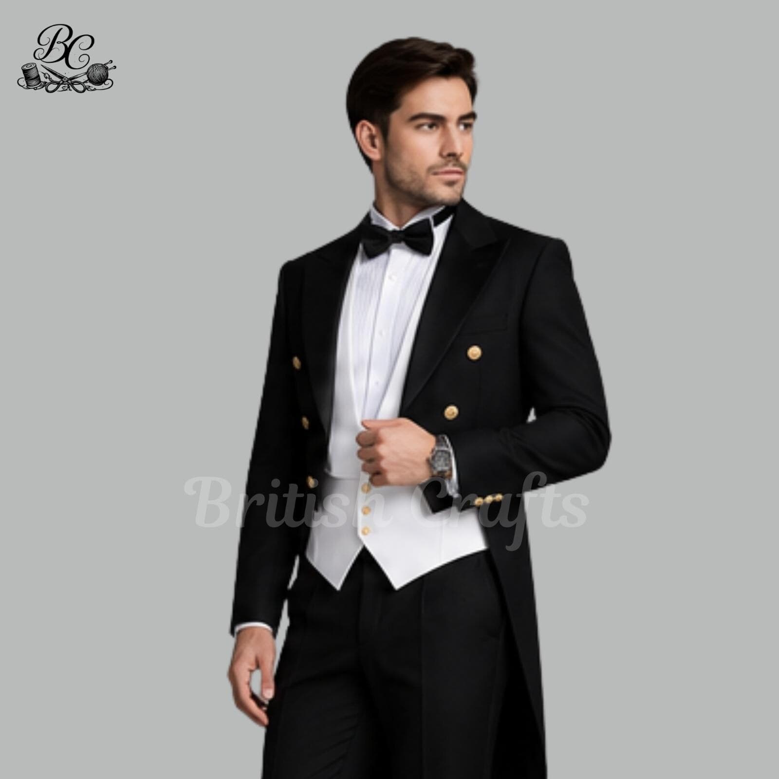 Mens Black Tailcoat Tuxedo, Victorian Formal Morning Coat, Gothic Wedding Suit, Aristocrat White Tie Evening Wear