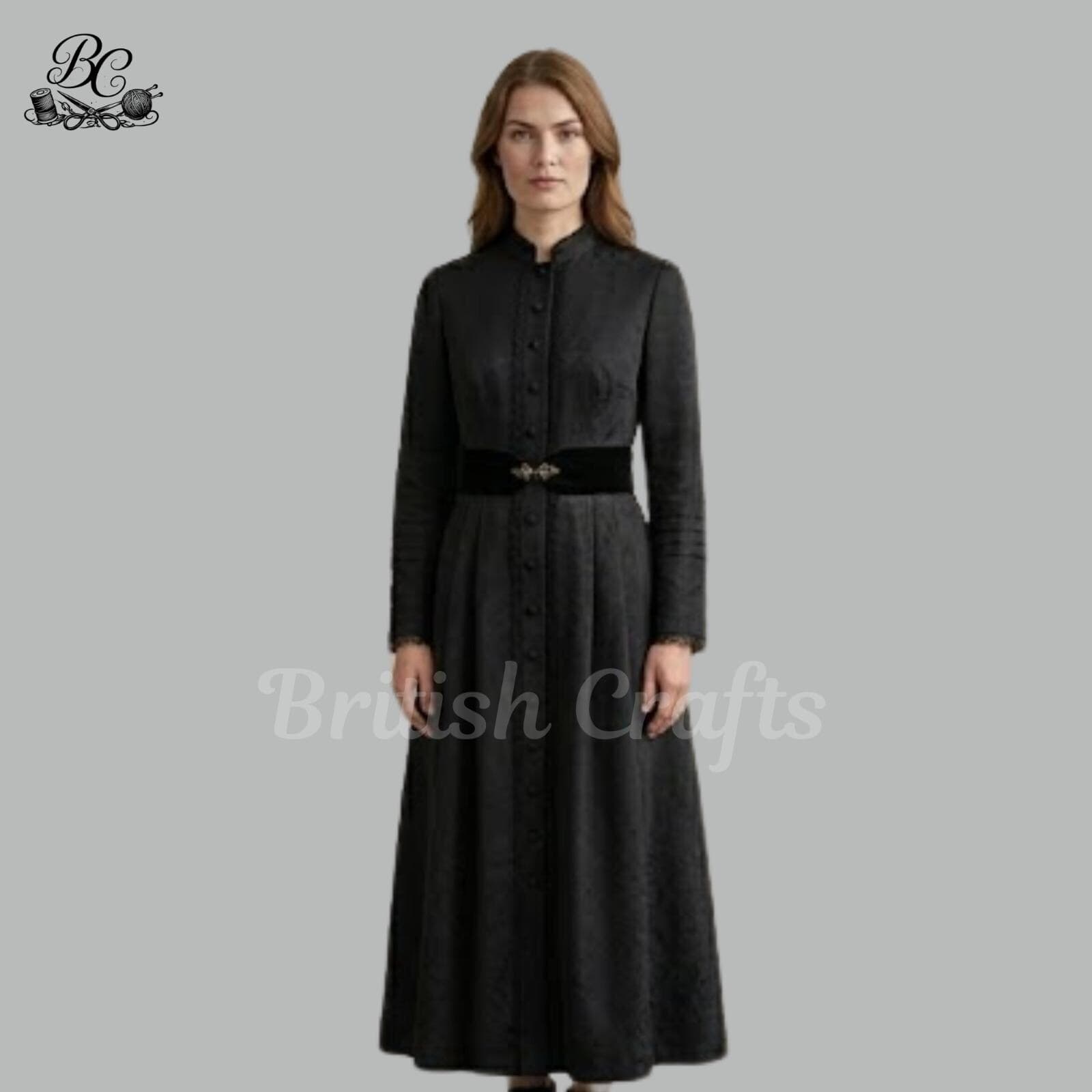 Womens Black Roman Clergy Dress with Waist Belt, Traditional Full Length Modest Cassock Dress for Women, Elegant Religious Maxi Outfit
