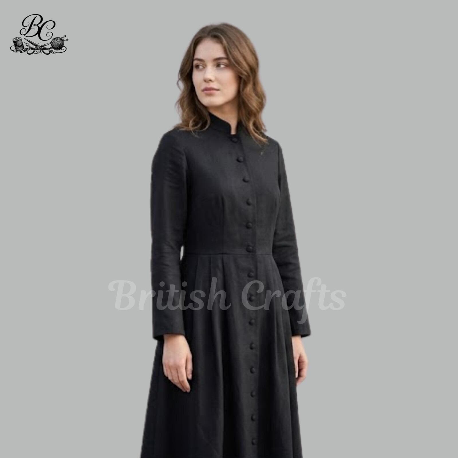 Womens Black Clergy Cassock Dress, Traditional Full Length Church Robe for Women, Elegant Religious Button Front Maxi Dress