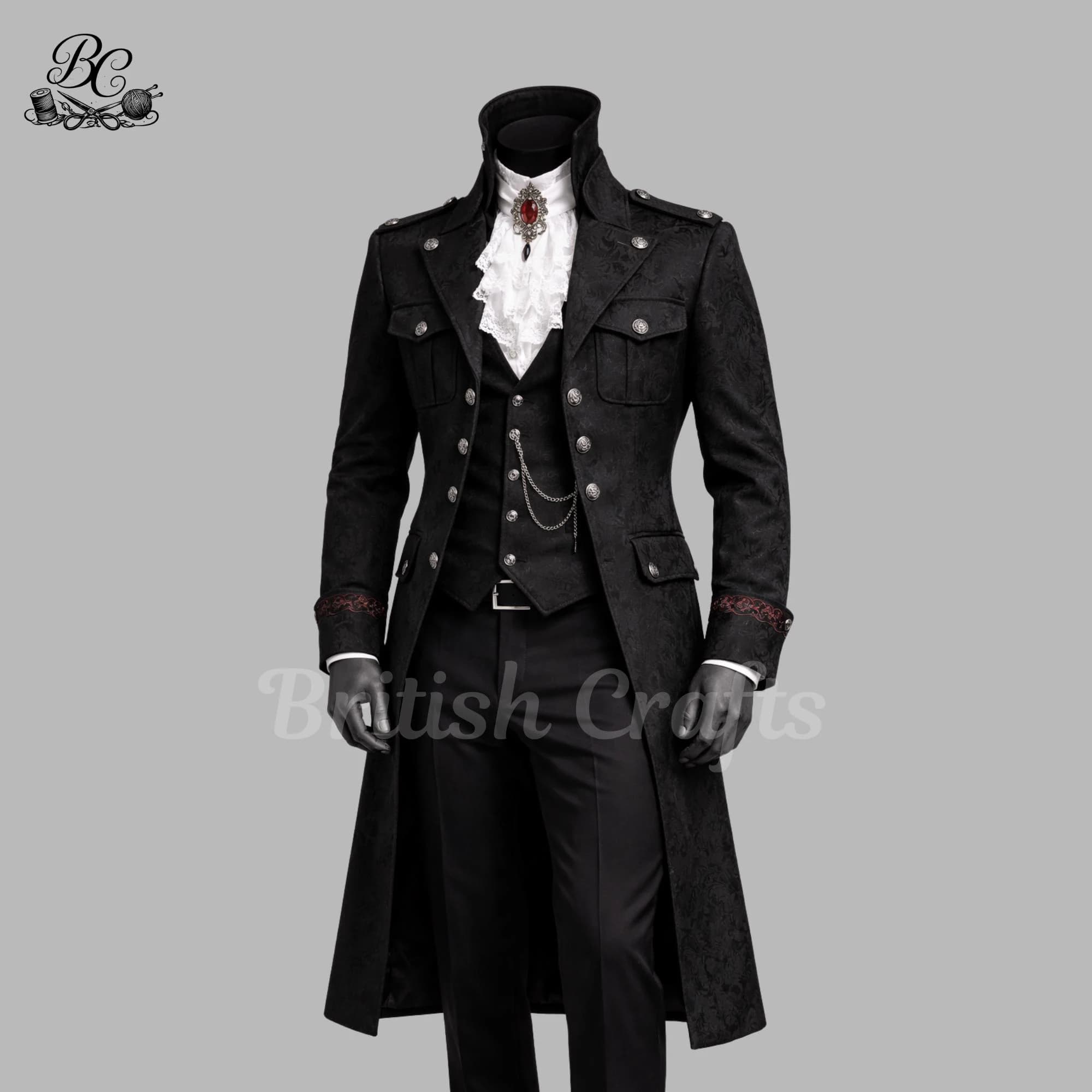 Mens Black Gothic Jacquard Brocade Tailcoat Suit Victorian Military Long Coat Groom Wedding Suit Vampire Formal Outfit