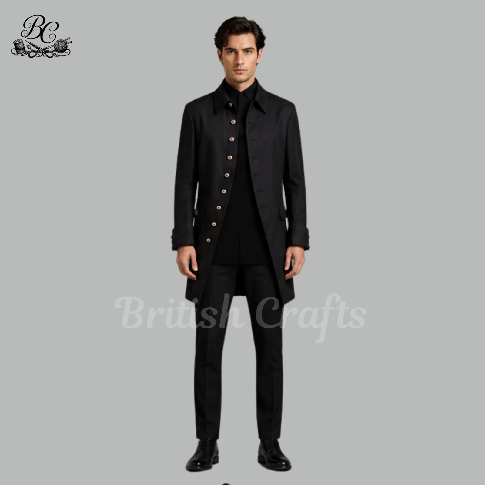 Black Formal Long Coat Suit for Men, Sophisticated Tailored Wedding Ensemble with Modern Luxury Eveningwear Appeal