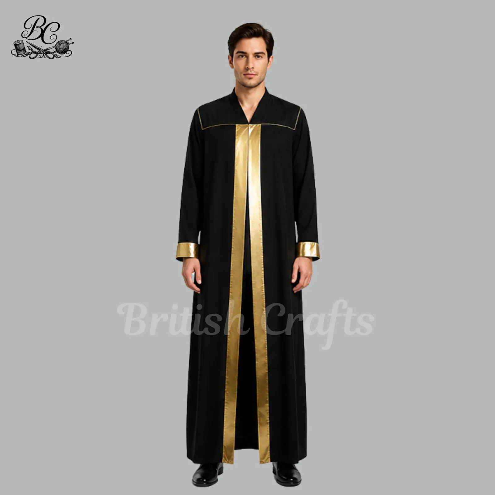 Black Clergy Choir Robe For Men, Gold Trim Religious Cassock, Church Worship Gown, Priest Bishop Formal Liturgical Outfit Wear