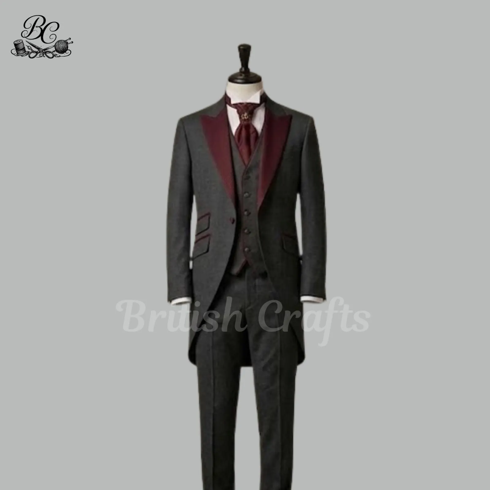 Victorian Tailcoat Suit Men Burgundy Lapel Tuxedo Wedding Groom Suit Formal Vintage Outfit Custom Suit
