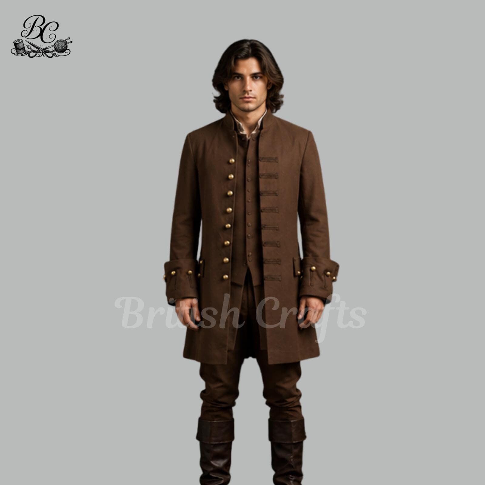 Mens Brown Victorian Long Coat Suit, Royal Military Inspired Formal Outfit with Vintage Aristocratic Tailored Designer Fashion