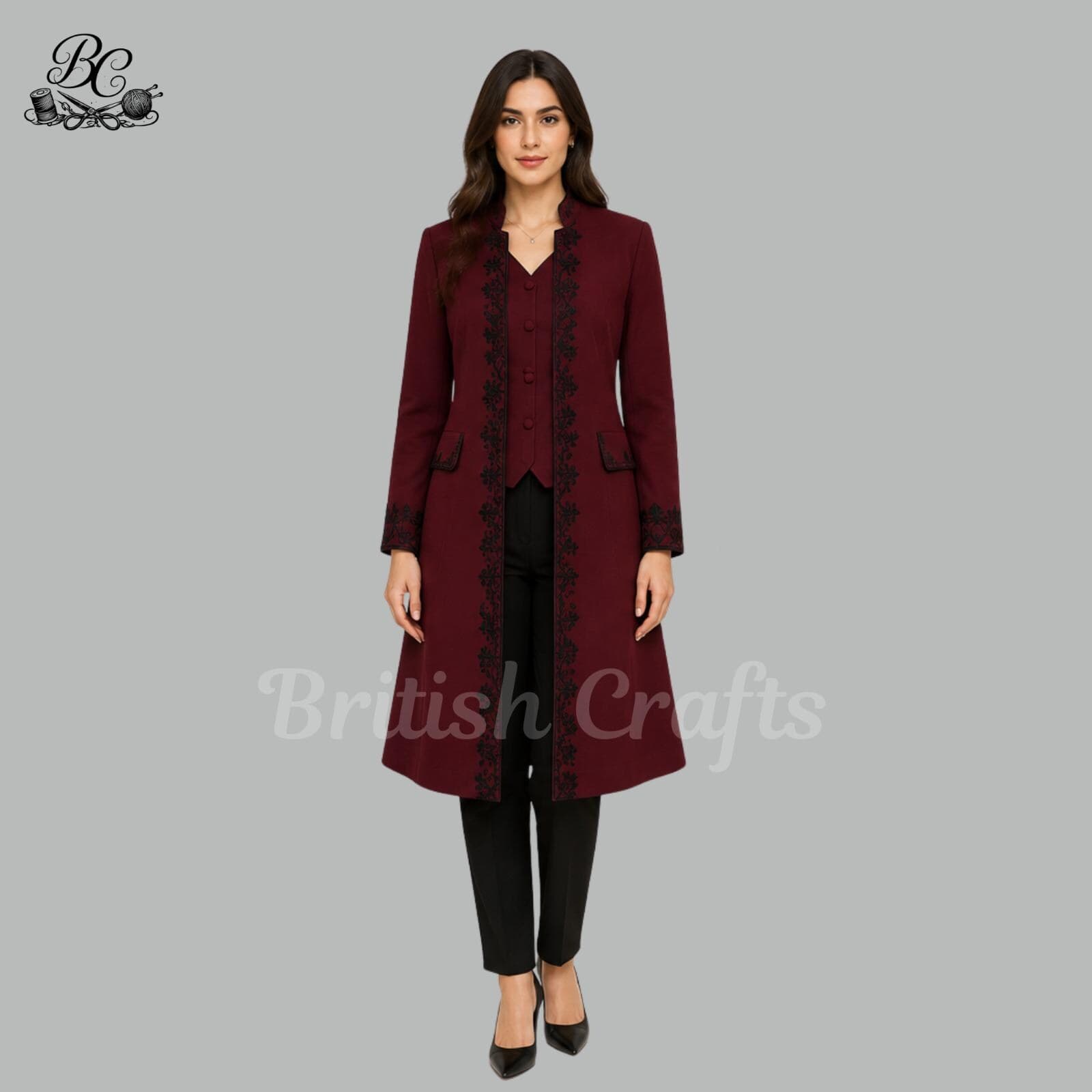 Burgundy Gothic Victorian Coat Suit for Women, Embroidered Formal Jacket Set, Gothic Wedding Outfit, Victorian Fashion