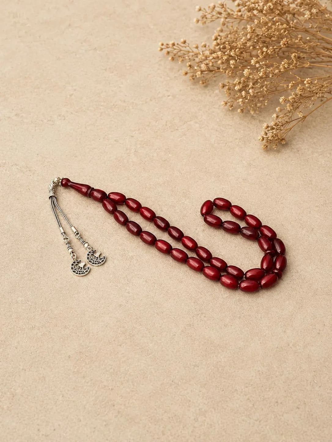 Handcrafted Sıkma Amber Prayer Beads • 4x9mm Cherry Tesbih, Silver Wolf Tassel - image 3