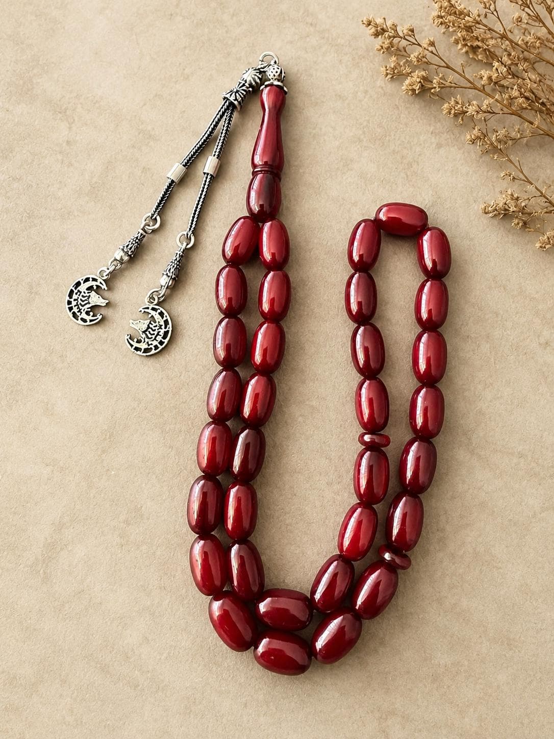 Handcrafted Sıkma Amber Prayer Beads • 4x9mm Cherry Tesbih, Silver Wolf Tassel