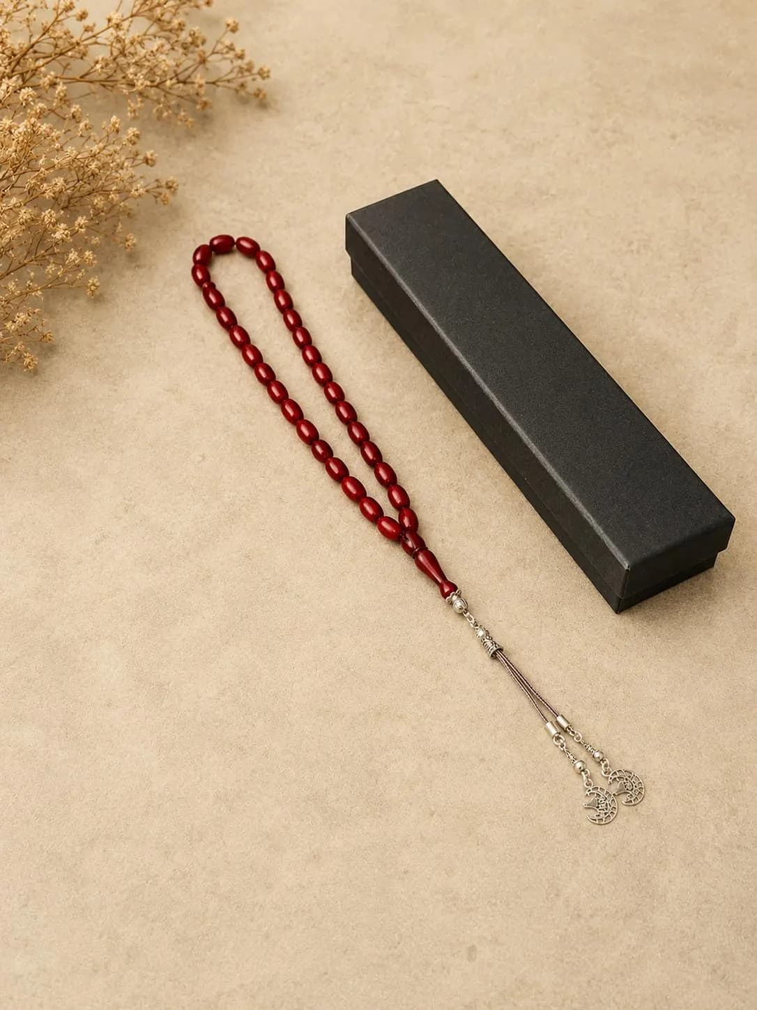 Handcrafted Sıkma Amber Prayer Beads • 4x9mm Cherry Tesbih, Silver Wolf Tassel - image 2