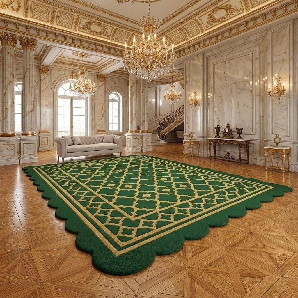 Green Geometric Moroccan Rug, Scalloped Edge Area Carpet, Luxury Bedroom Decor - image 4