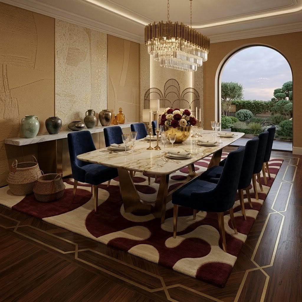 Abstract Wavy Pattern Area Rug: Burgundy Cream Luxury Carpet - image 4