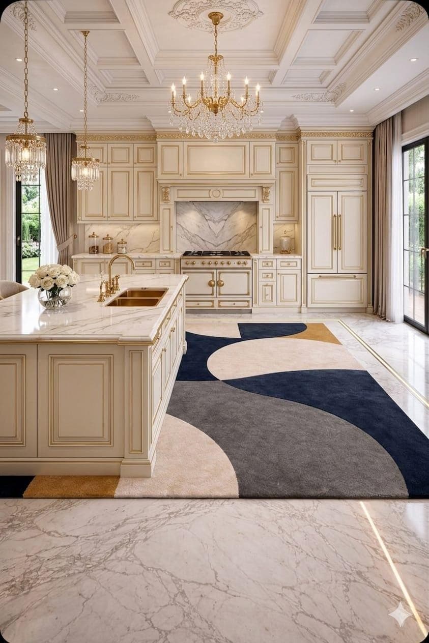 Modern Geometric Area Rug, Abstract Blue Gold Cream Carpet, Contemporary Living Room Decor - image 5