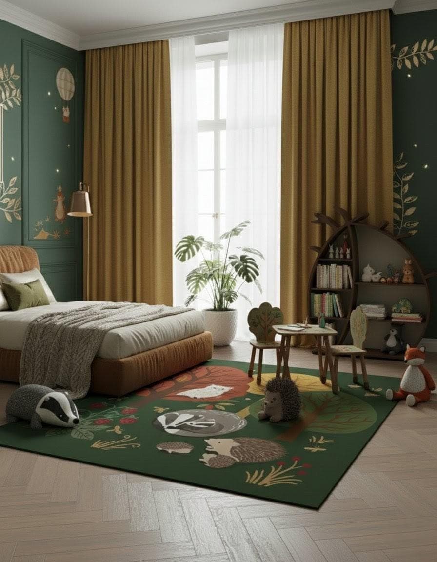 Woodland Animals Forest Nursery Rug, Hedgehog Fox Leaf Decor Carpet - image 3