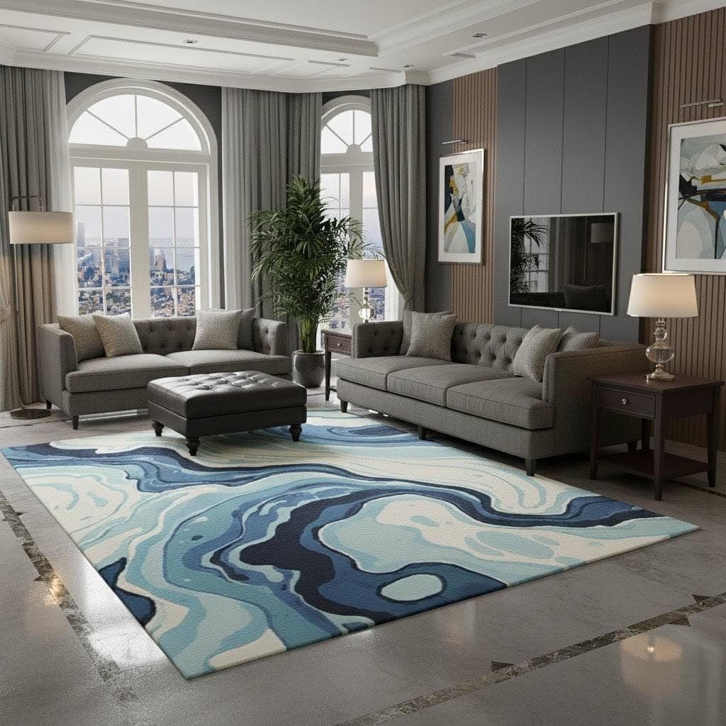 Modern Abstract Blue White Marble Area Rug, Contemporary Living Room Carpet