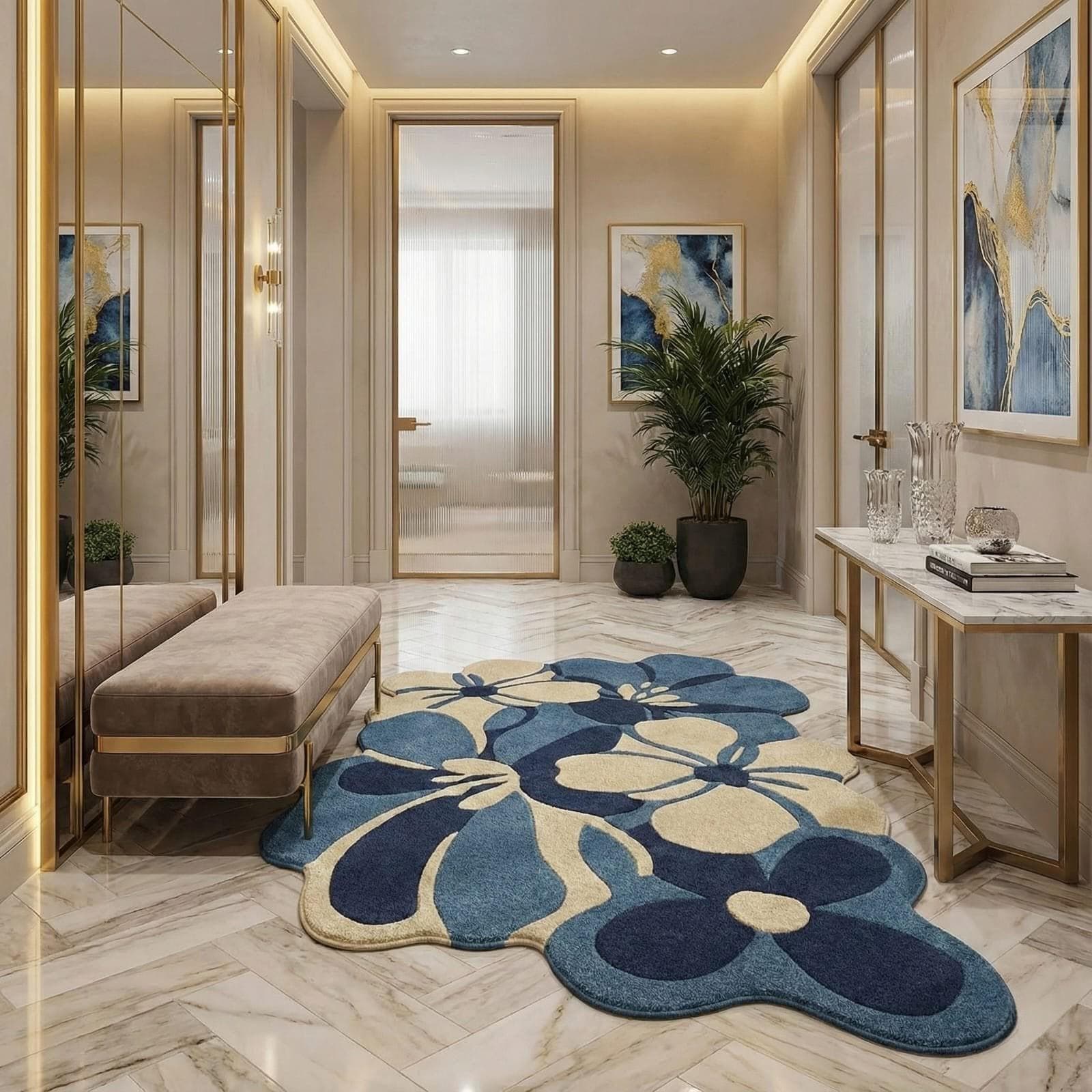 Handmade Floral Wool Rug, Irregular Abstract Blue Beige Carpet, Modern Entryway Hallway