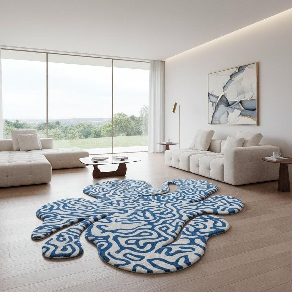 Abstract Irregular Shape Rug, Modern Blue White Artistic Carpet, Luxury Bedroom Living Room - image 5
