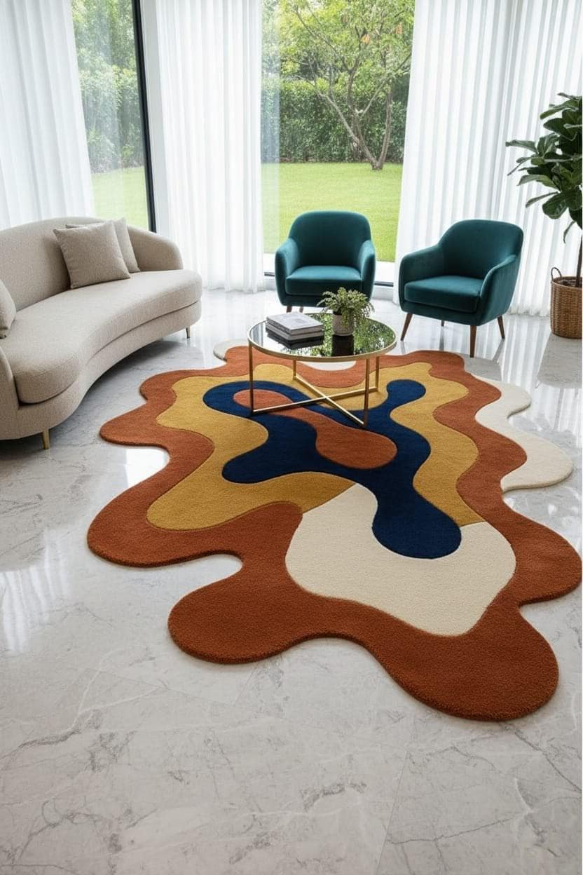 Abstract Irregular Shape Tufted Area Rug, Artistic Living Room Carpet
