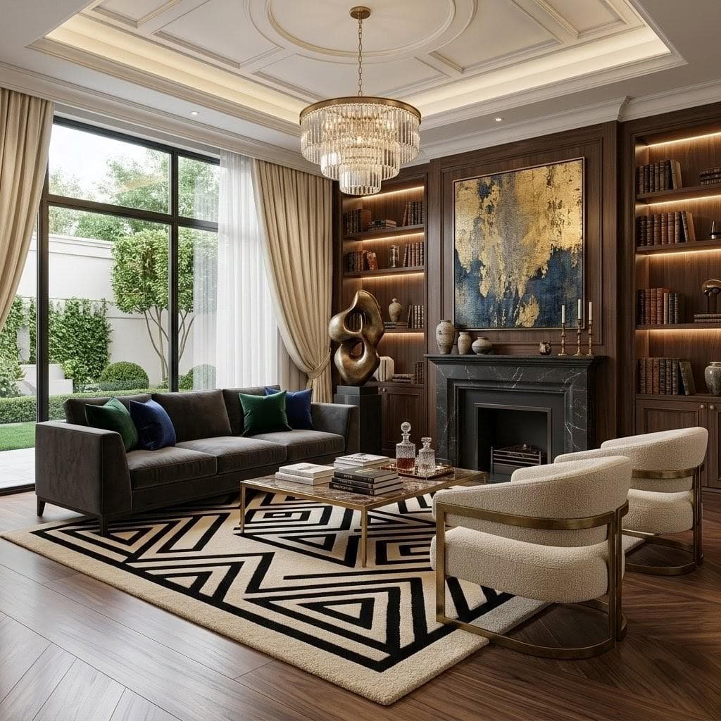 Modern Geometric Area Rug, Black Cream Abstract Nordic Carpet, Luxury Bedroom Decor - image 3