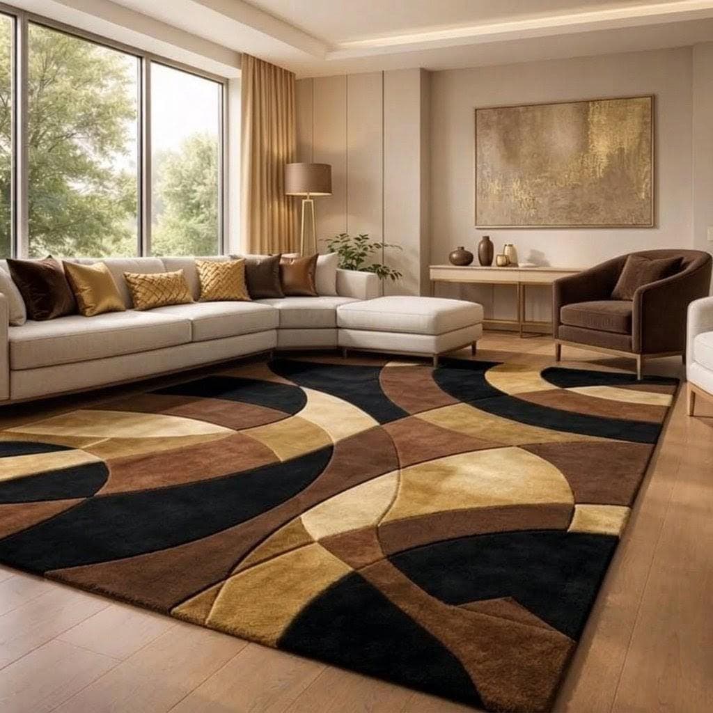 Modern Abstract Area Rug: Geometric Living Room Carpet, Brown Beige Black Plush Floor