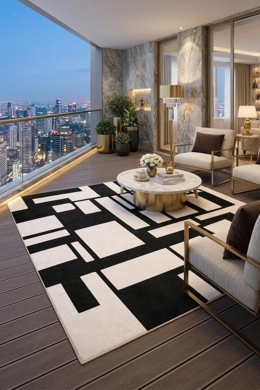 Modern Black White Geometric Area Rug, Abstract Scandinavian Living Room Carpet - image 5