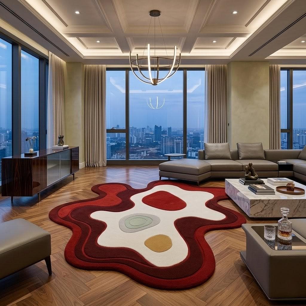Abstract Irregular Shape Area Rug: Modern Red White Designer Carpet - image 4