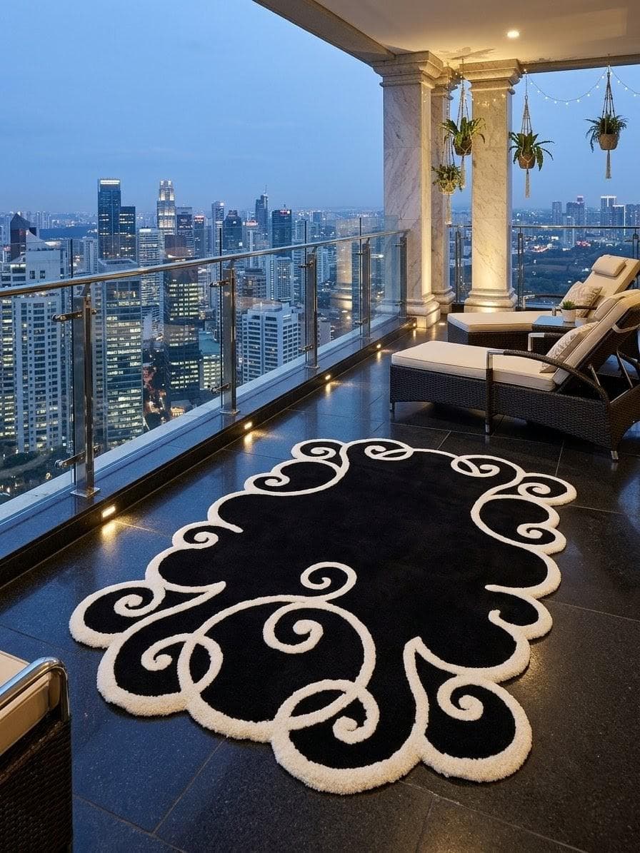 Luxury Black White Abstract Swirl Rug, Modern Tufted Balcony Carpet, Plush Living Room Decor - image 5