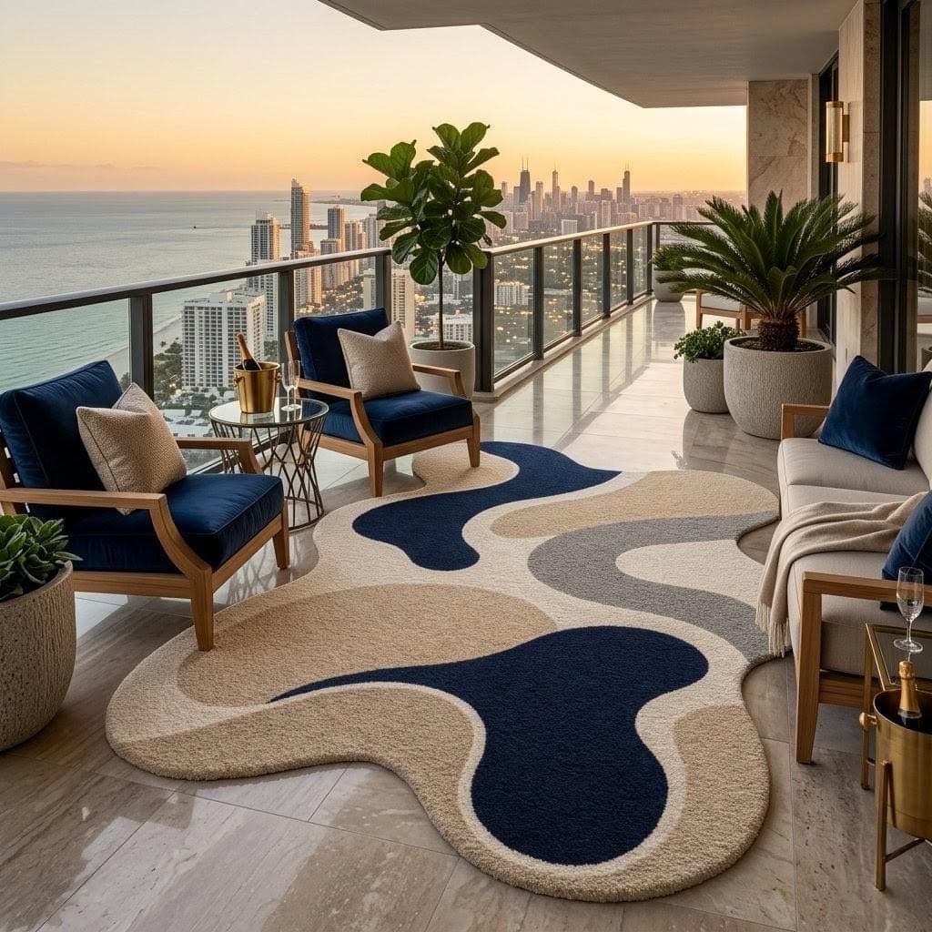 Abstract Irregular Shape Rug, Navy Beige Plush Living Room Carpet, Contemporary Floor Decor - image 5