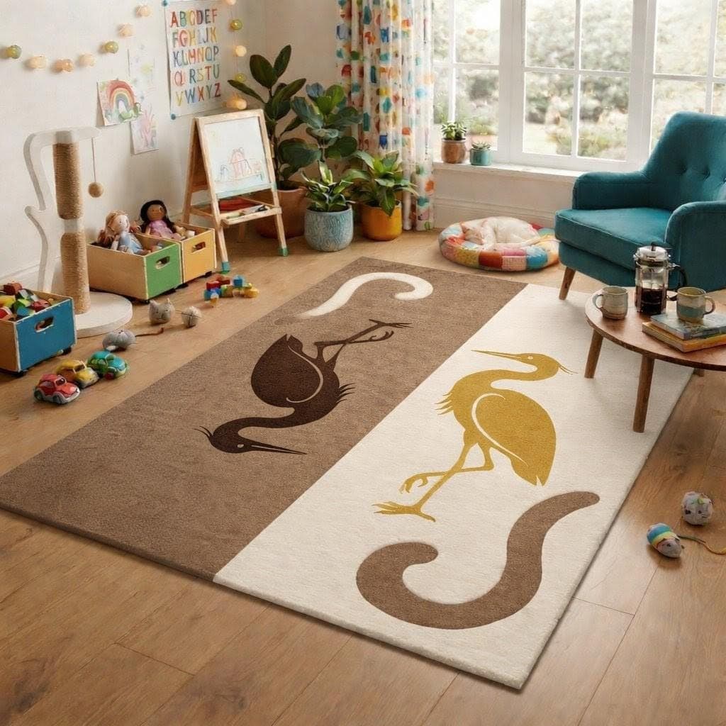 Kids Cat Crane Rug, Modern Neutral Nursery Playroom Carpet, Soft Floor Mat