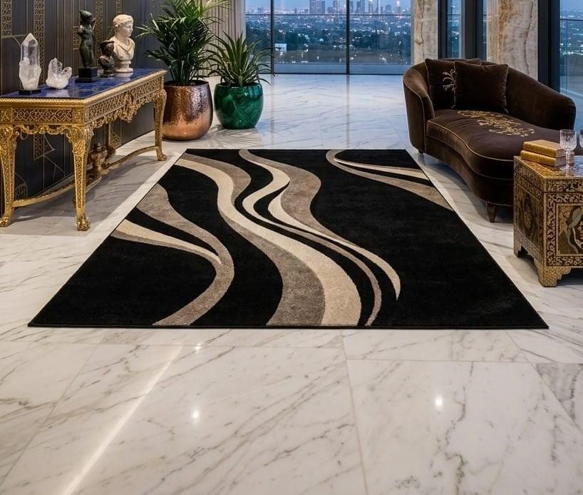 Modern Abstract Wave Area Rug, Black Beige Luxury Carpet, Contemporary Living Room Floor Rug - image 3
