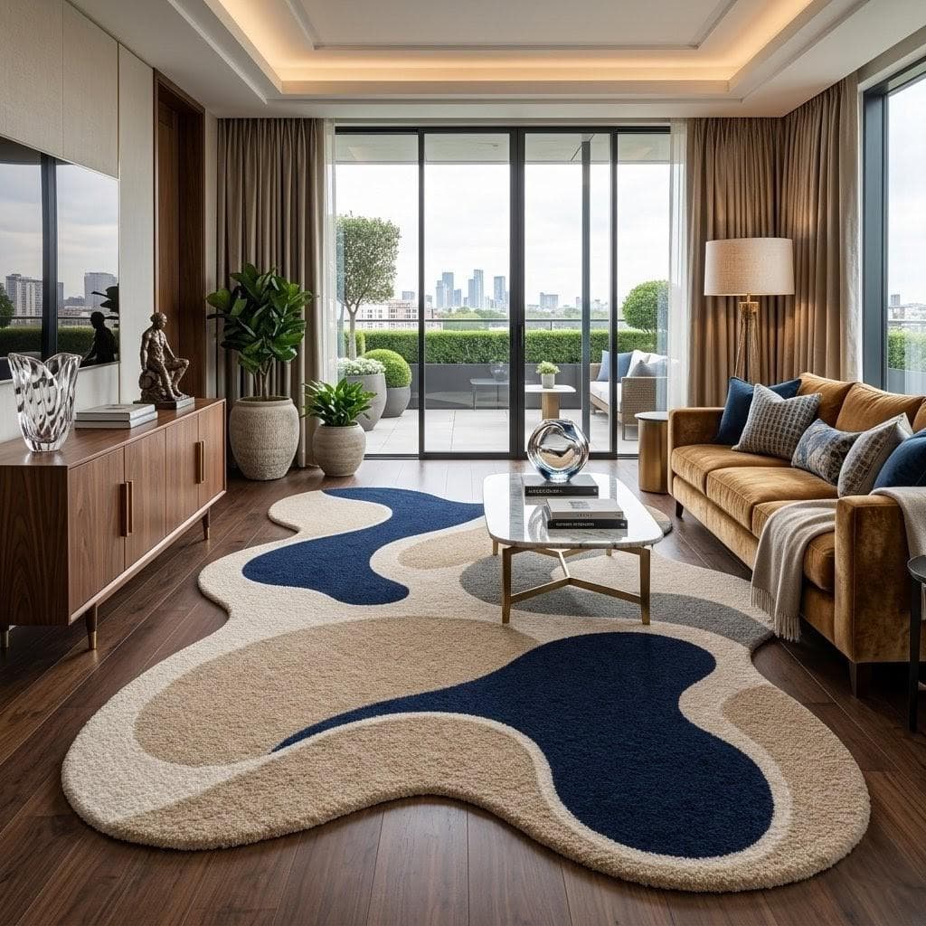 Abstract Irregular Shape Rug, Navy Beige Plush Living Room Carpet, Contemporary Floor Decor - image 4